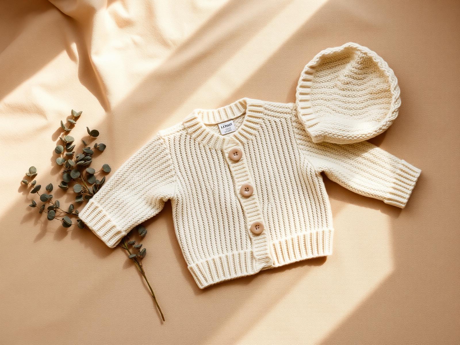 Cream knit baby cardigan and bonnet on warm linen