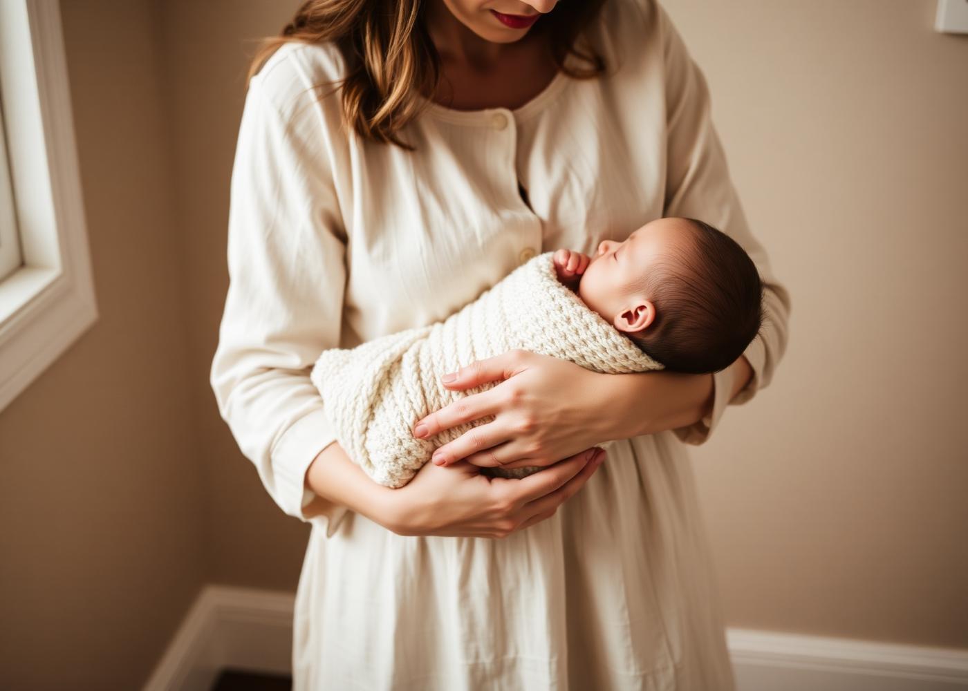 Mother holding a newborn wrapped in a cream knit blanket