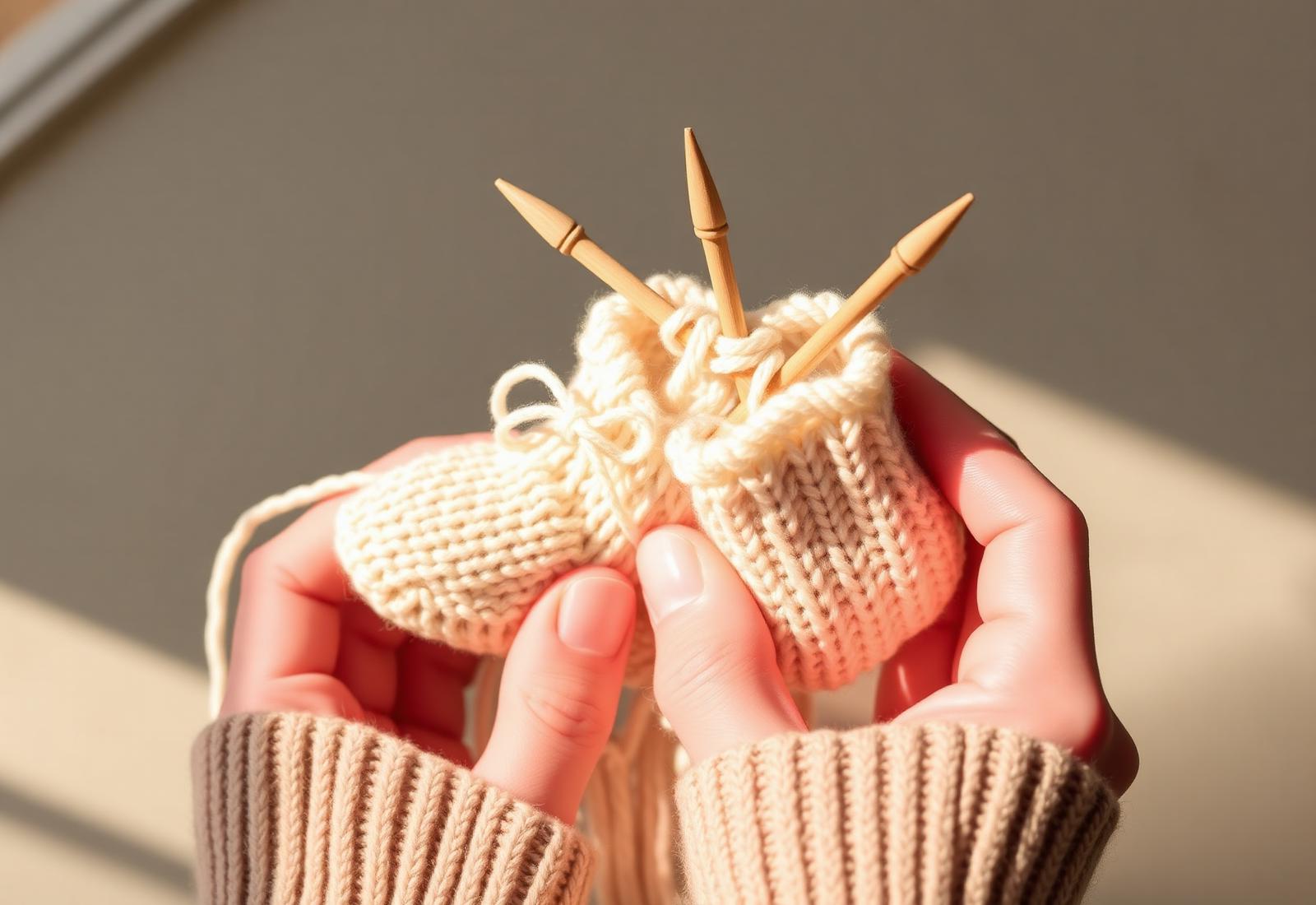 Hands knitting cream baby booties with wooden needles