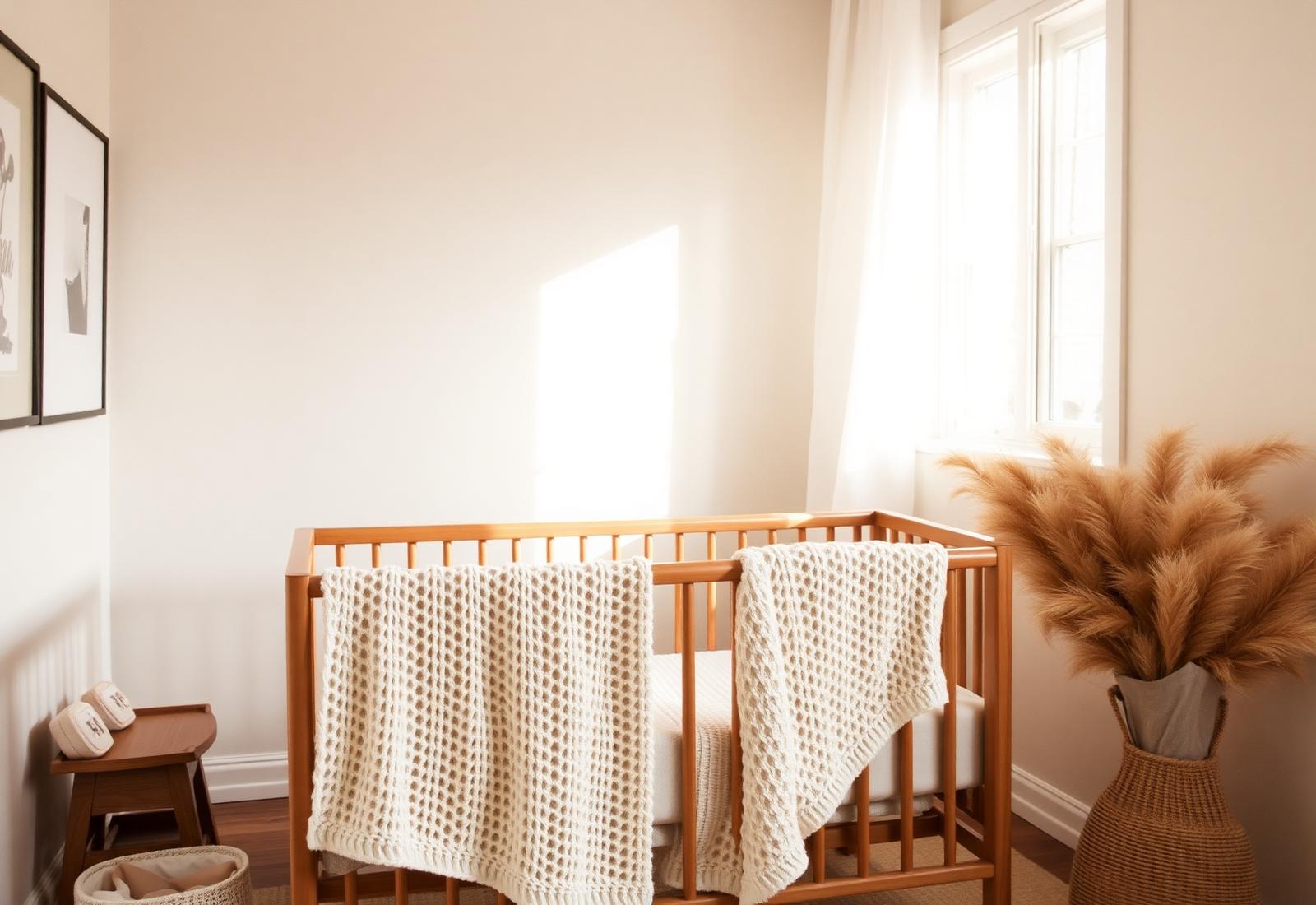 Quiet neutral nursery with cream cellular blanket